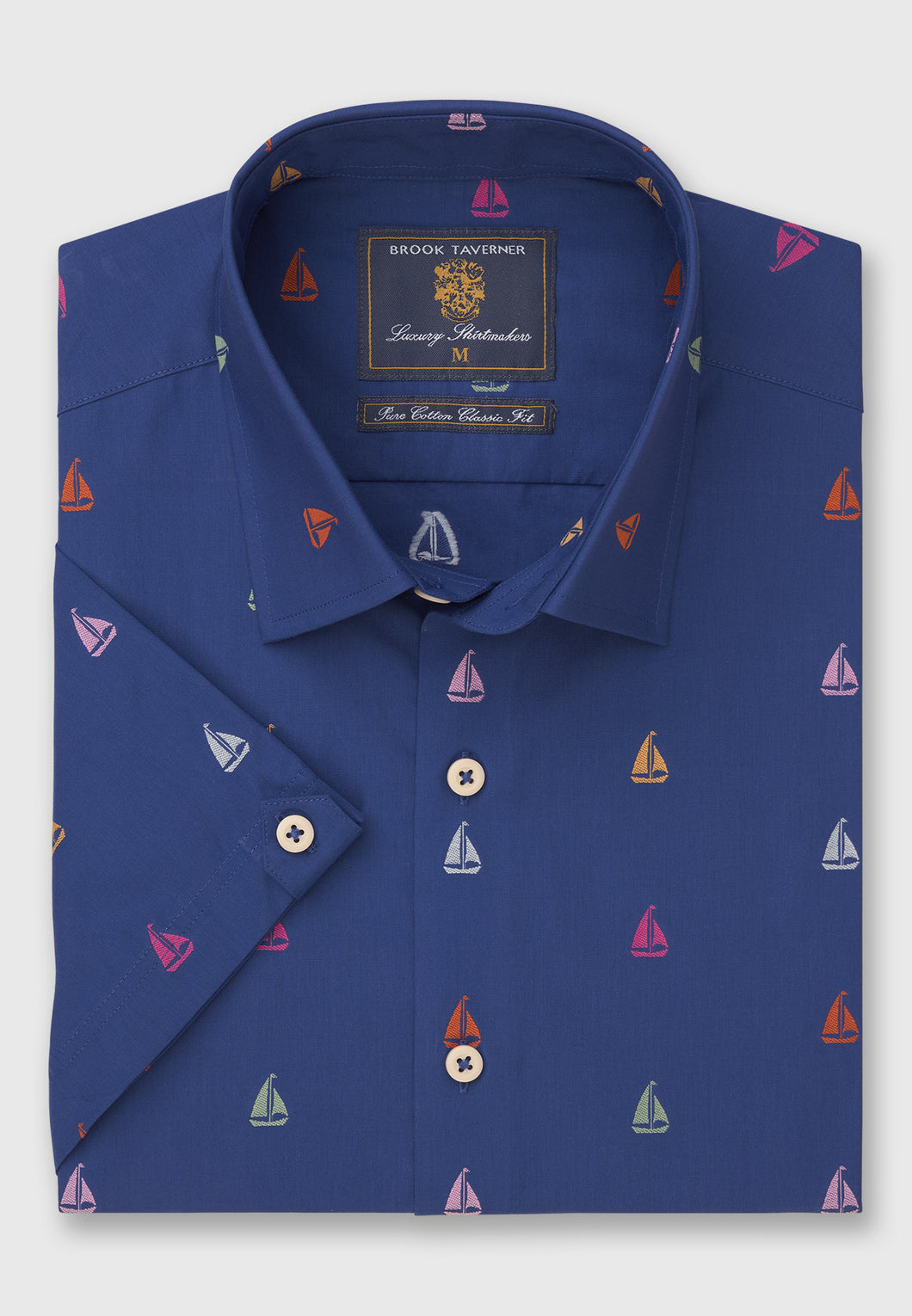 Cobalt with Multicoloured Sailing Boats Short Sleeve 'Portofino' Inspired Shirt (4300A)