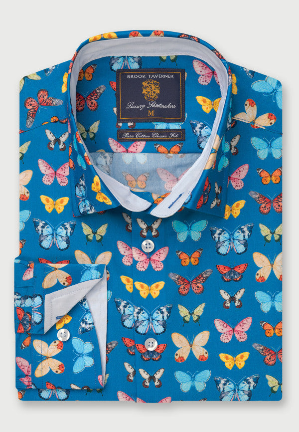 Blue with Multicoloured Butterfly ‘Conversational’ Tropical Zoo Print Shirt (4311B)