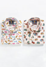 Load image into Gallery viewer, Cream with Multicoloured Van and Surfboard ‘Conversational’ Print Shirt
