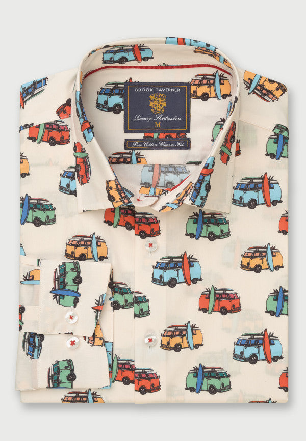 Cream with Multicoloured Van and Surfboard ‘Conversational’ Print Shirt