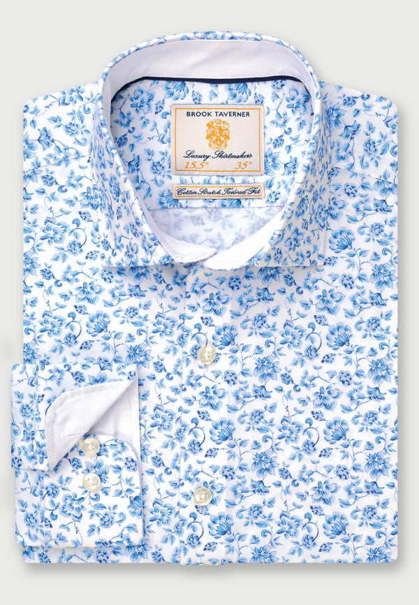 Blue Flower Print Business Casual Shirt (4319AT)