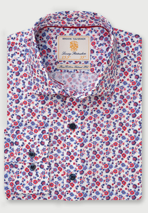 White with Navy, Blue and Red Flower Print Business Casual Shirt (4320AT)
