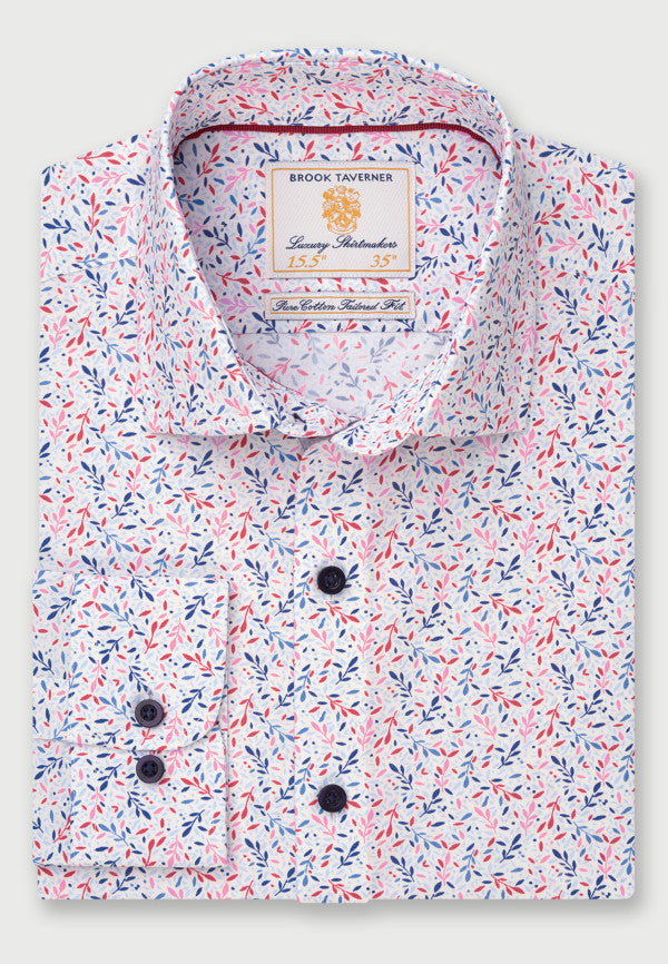 White with Navy, Red, Pink and Blue Leaf Print Business Casual Shirt (4320BT)