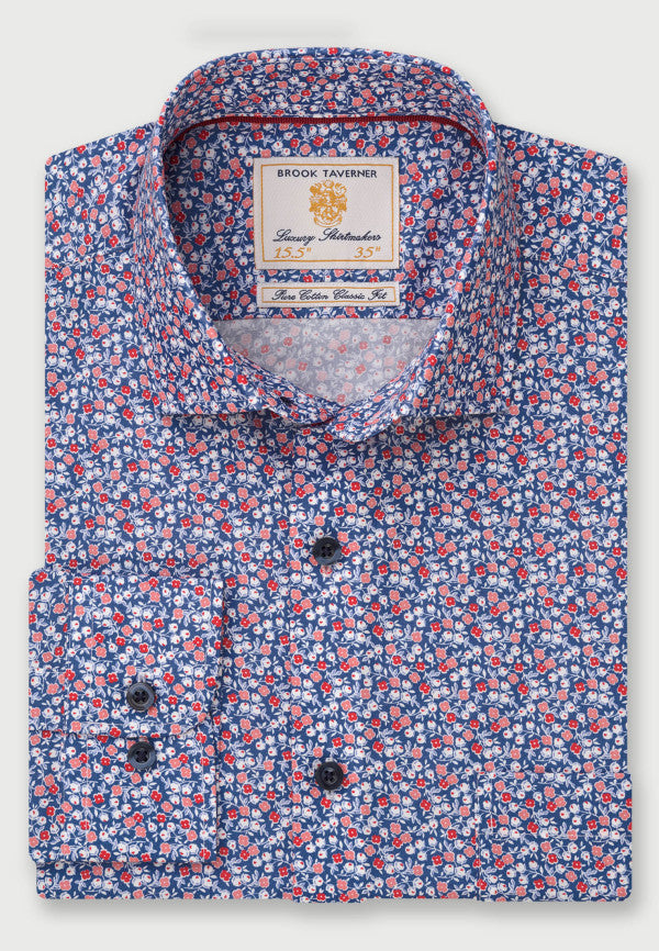 Blue with Red and White Rose Print Business Casual Shirt (4320CT)