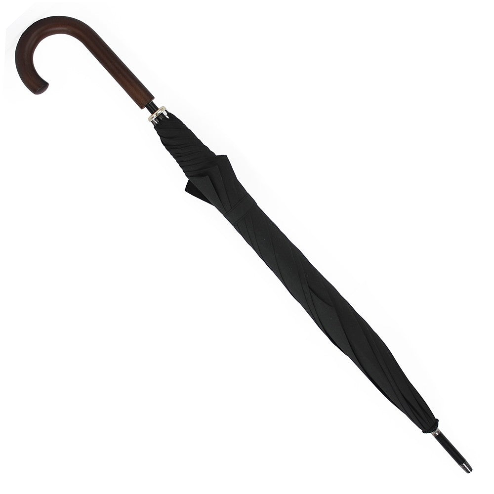 Traditional Long Black Umbrella with Wooden Handle