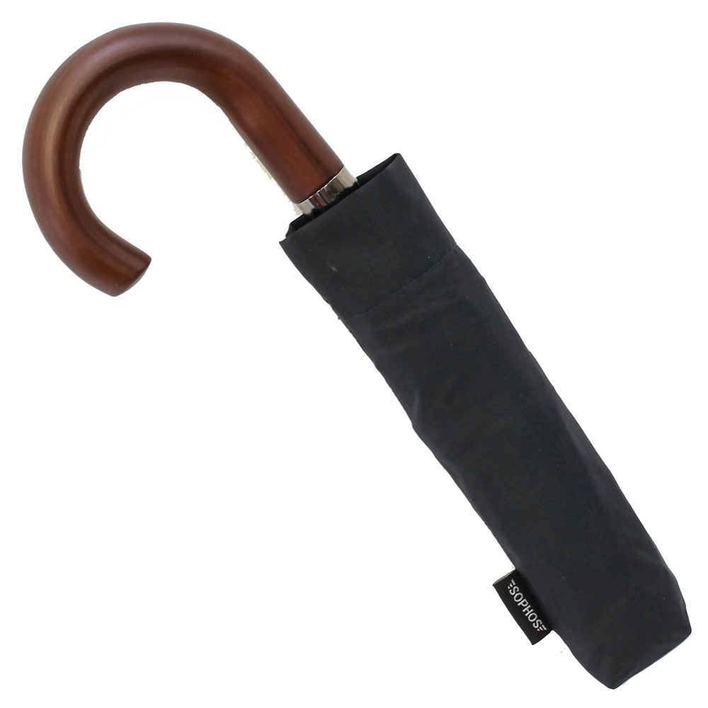Short Black Umbrella with Wooden Handle