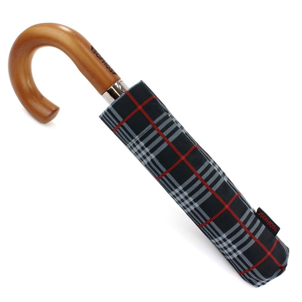Short Red & Black Check Umbrella with Wooden Handle