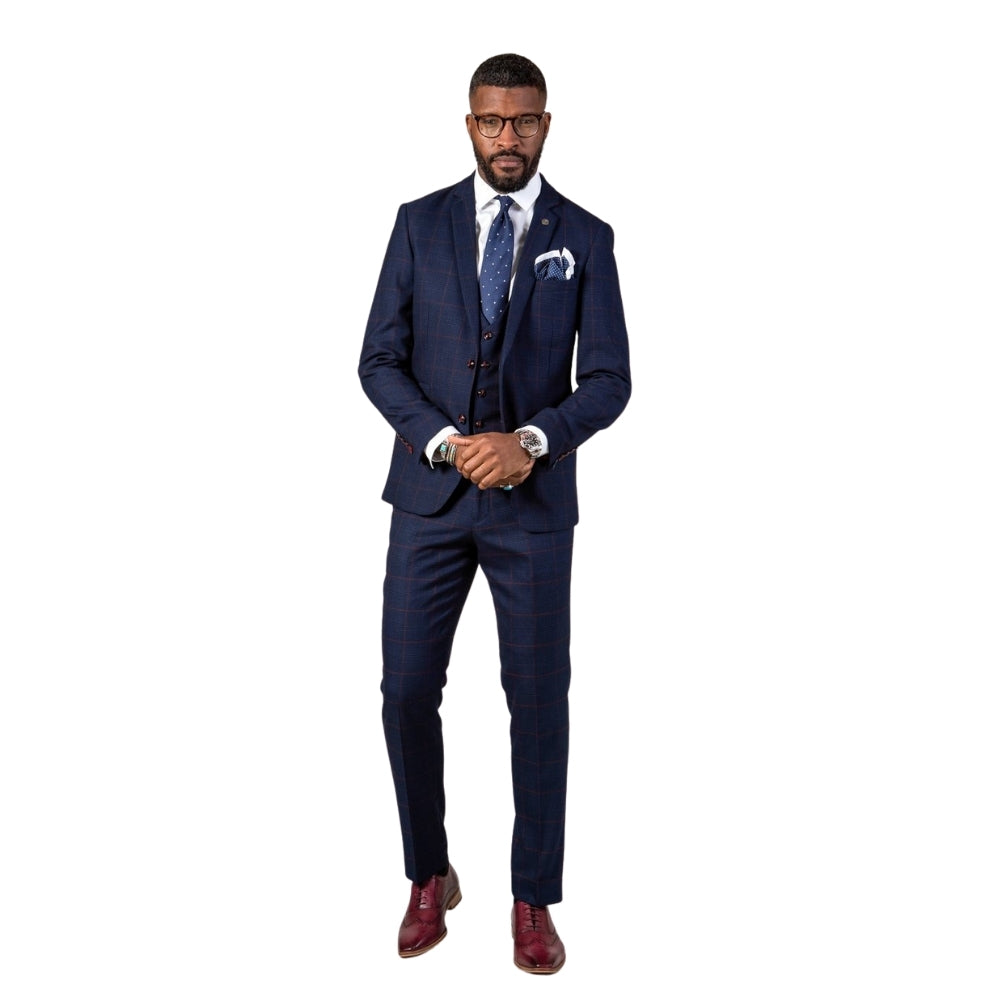 Marc Darcy Edinson Navy with Wine Check 3pc Suit