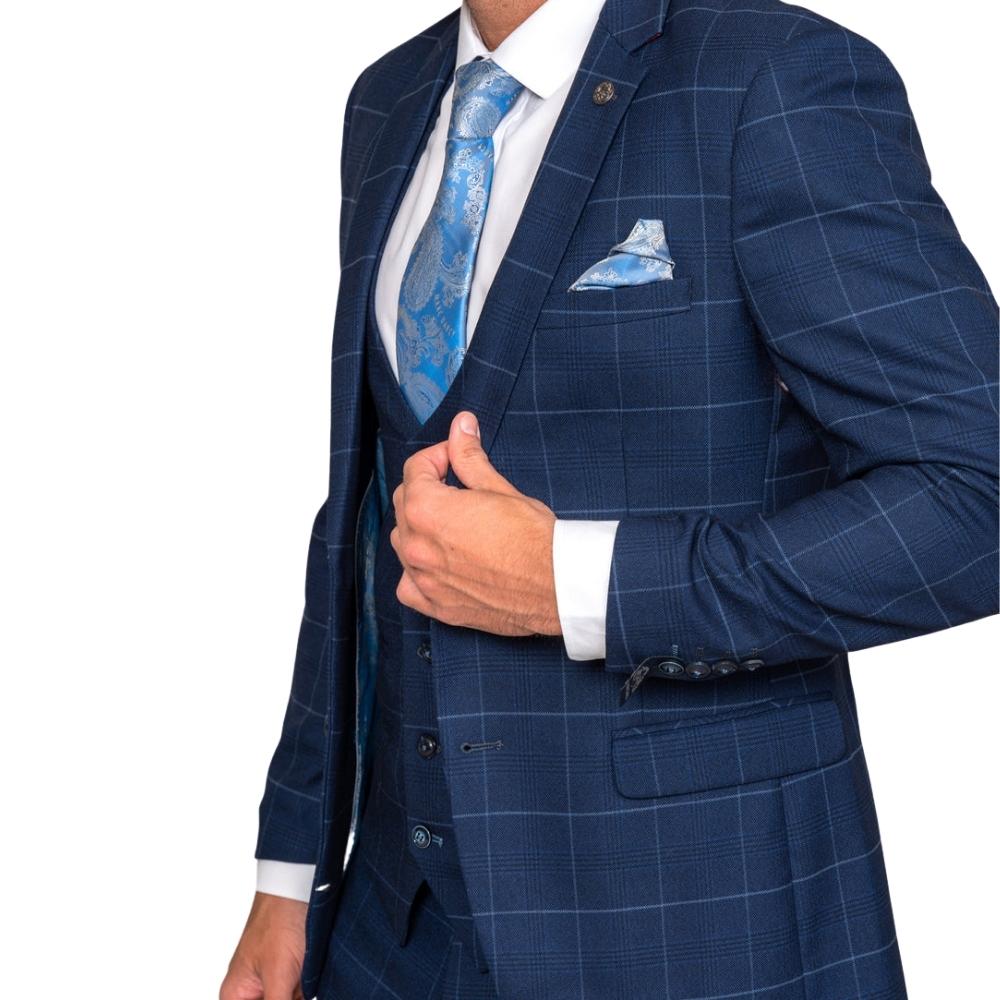 Edisnon Navy with Sky Blue Check 3PC Suit by Marc Darcy