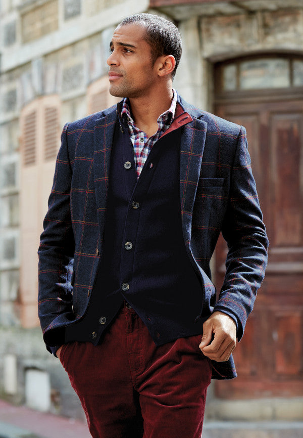Airedale Tweed Navy with Mustard & Red Tramline Check Jacket