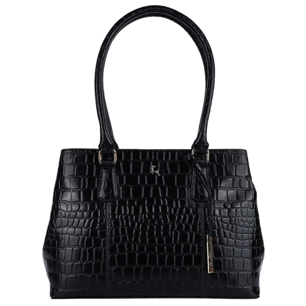 Cheltenham Leather Crocodile Print Two Section with mid-purse Bag (Black C54)