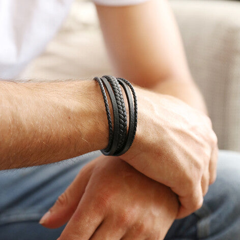 Men's Layered Leather Straps Bracelet in Black