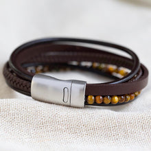 Load image into Gallery viewer, Men&#39;s Leather and Tiger Eye Bead Bracelet
